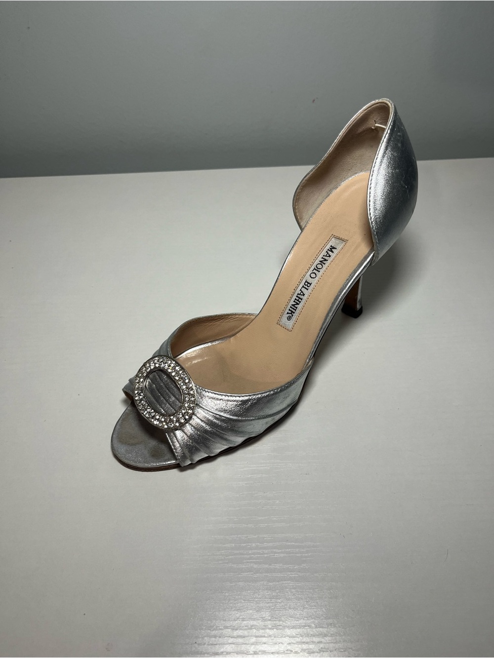 Manolo Blahnik Silver D'Orsay Peep-Toe Heel with Crystal Buckle